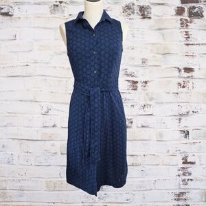 Lands End Womens Navy Blue Eyelet Lace Belted Button Up Dress Size S